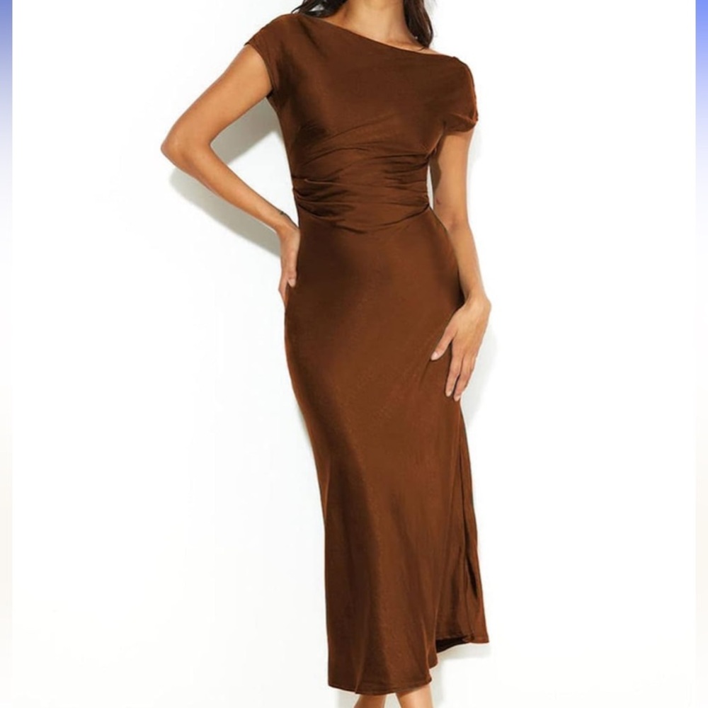 Brown/Sepia Satin Dress (Low hanging in the back) 
PLEASE READ CAPTION :)))